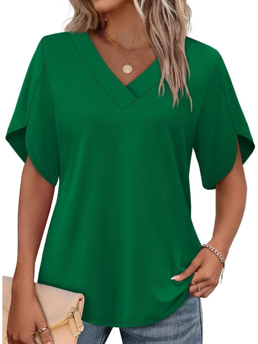 Women's Green Elegant V Neck Short Petal Sleeve Shirt Summer Fashion Flair Tops